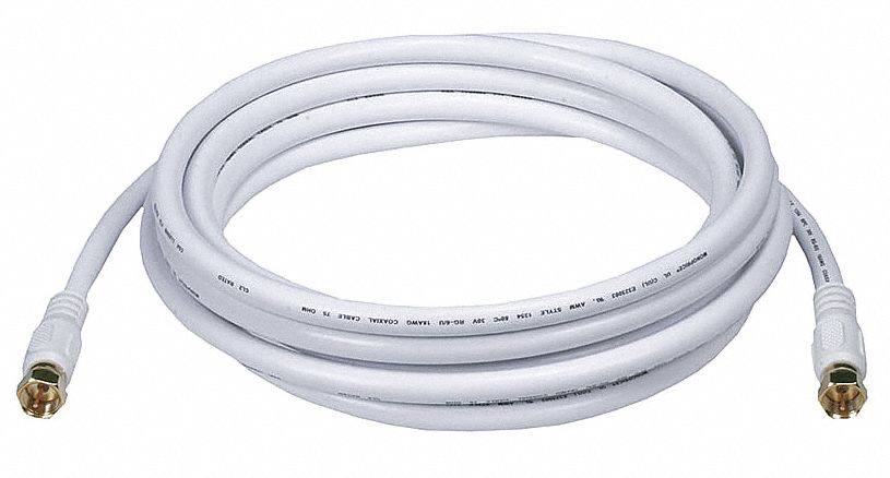 Coax Cable, RG-6, F-Type Conn, White, 10 ft.