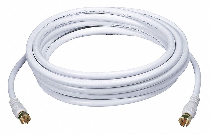 Coax Cable, RG-6, F-Type Conn, White, 15 ft.