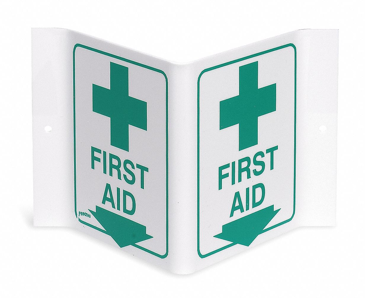 First Aid Sign, 6 x 9In, GRN/WHT, First Aid
