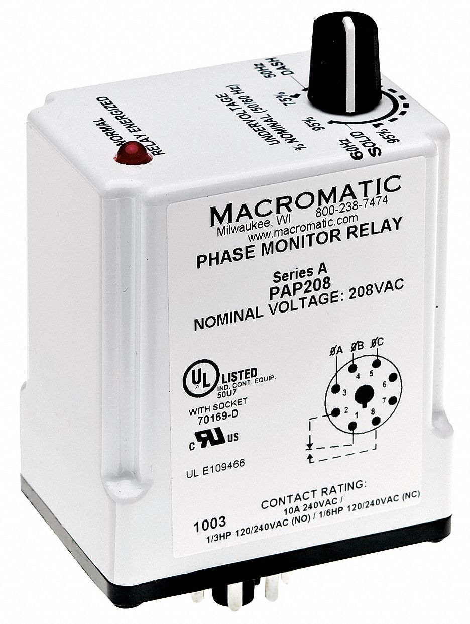 3-Phase Line Monitor, SPDT, 8Pin, 208VAC