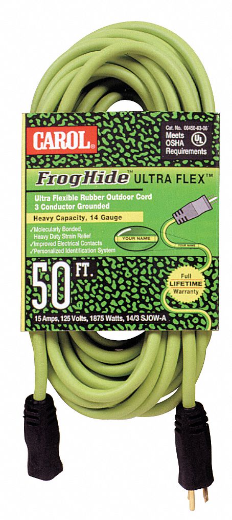 Ext Cord, 14AWG, 15A, SJOW, 50Ft, Green