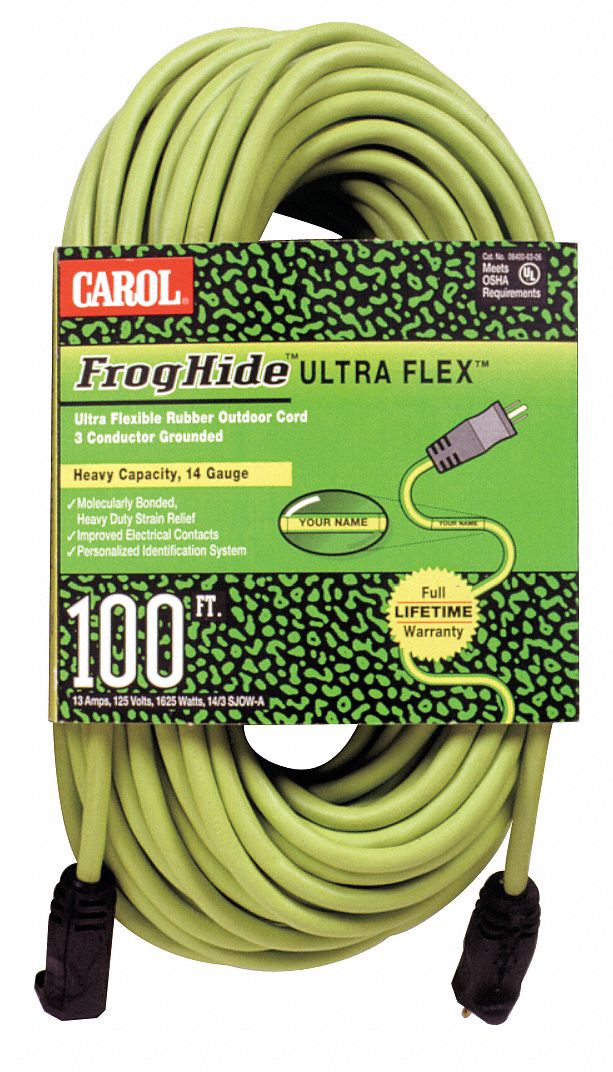 Ext Cord, 12AWG, 15A, SJOW, 100Ft, Green