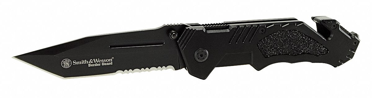 Folding Knife, Tanto, 5.6 In, Serrated, Blk