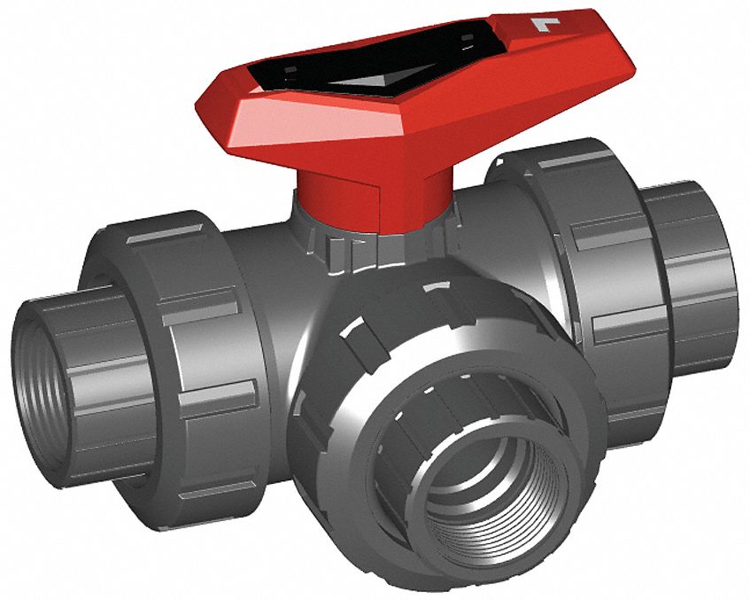 PVC Ball Valve, 3-Way, Union, FNPT, 1 In
