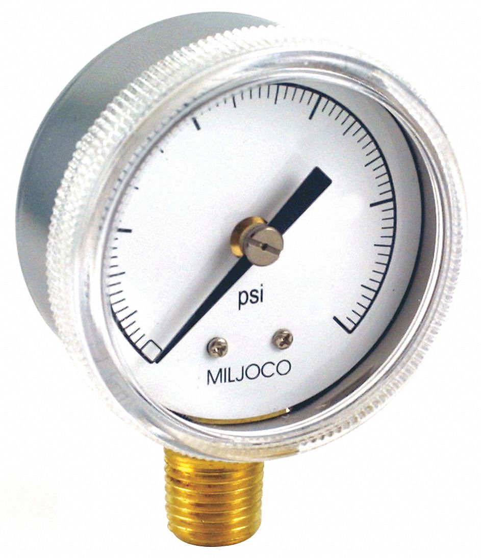 Pressure Gauge, 2 In, Lower, 0 to 60 psi