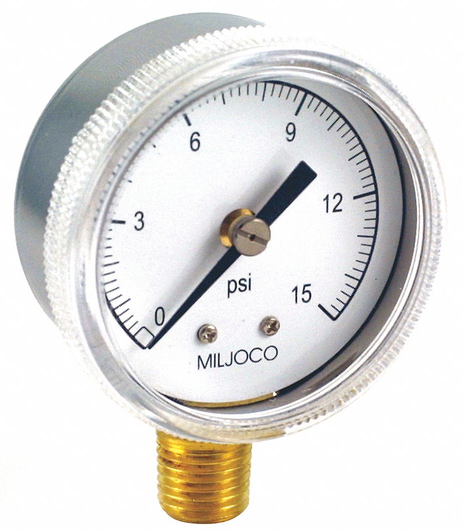 Pressure Gauge, 2 In, Lower, 0 to 15 psi