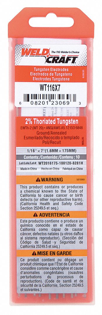 Tungsten Electrode, Thoriated, 1/16In, Pk10