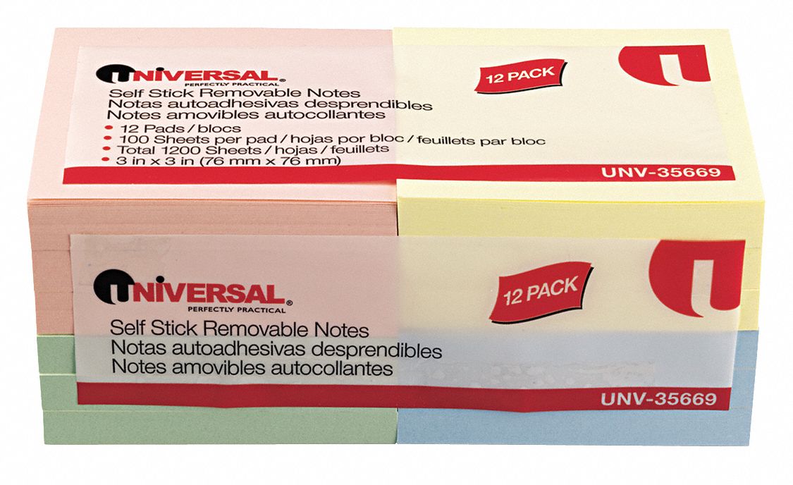 Self-Stick Notes, 3 x 3, Assorted, PK 12