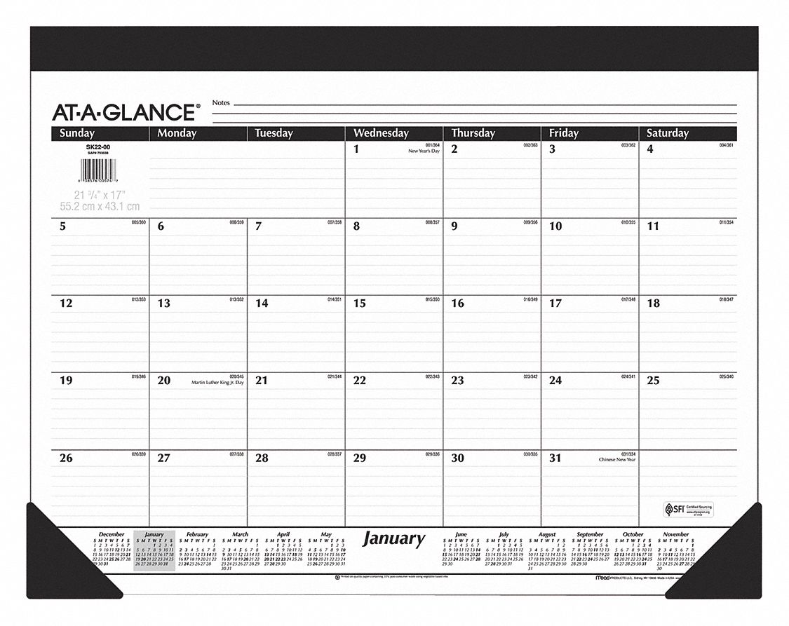 Desk Pad Calendar, Monthly, 22 x 17 In