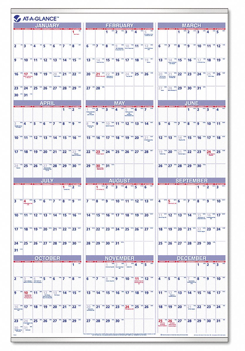 Wall Calendar, Yearly, 24 x 36 In