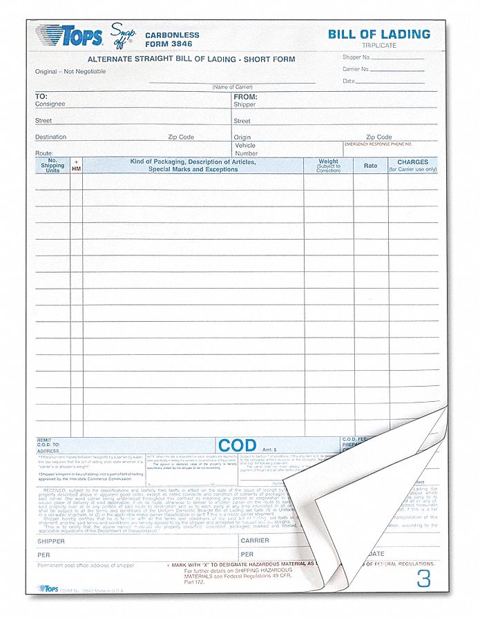 Bill of Lading Form, 8-1/2 x 11