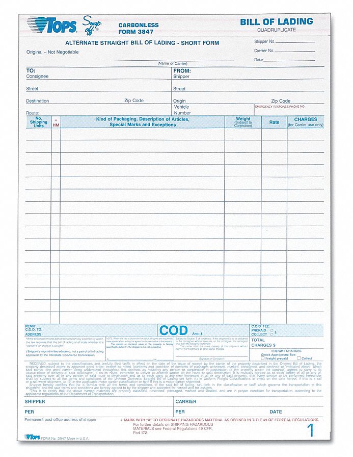 Bill of Lading Form, 8-1/2 x 11