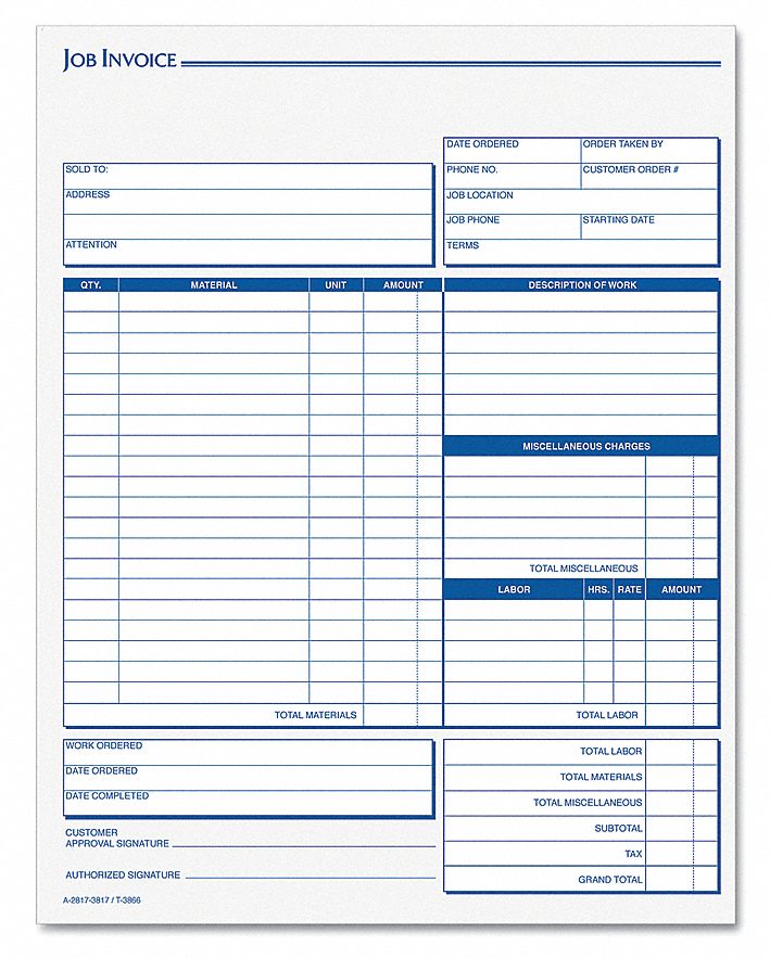 Job Invoice Form, 8-1/2 x 11-5/8, 3-Part