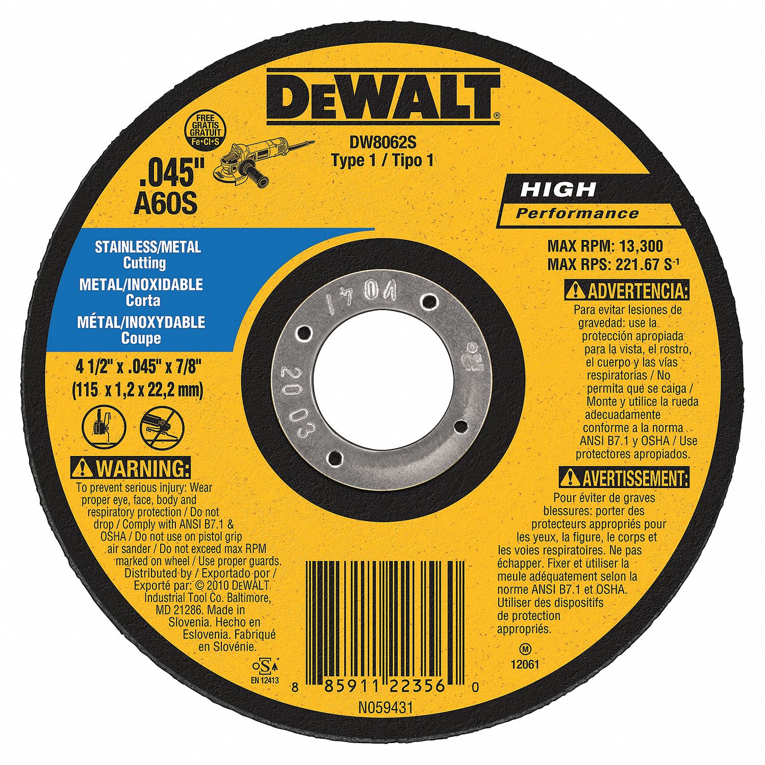 Abrsv Cut Whl, 4-1/2 Dx0.045In T, 5/8In AH