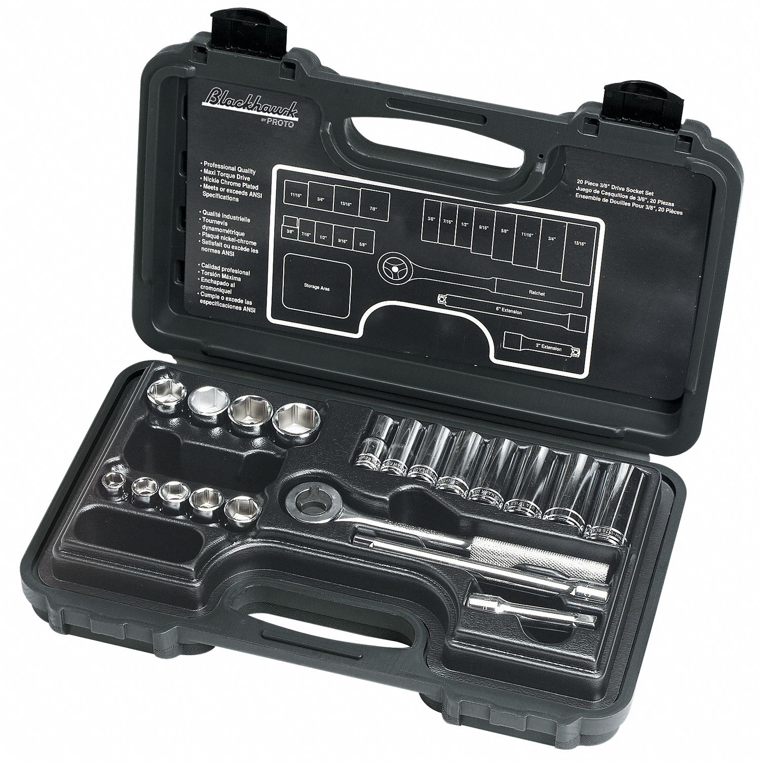Socket Set, 3/8 In Dr, SAE, Standard, 20 Pcs