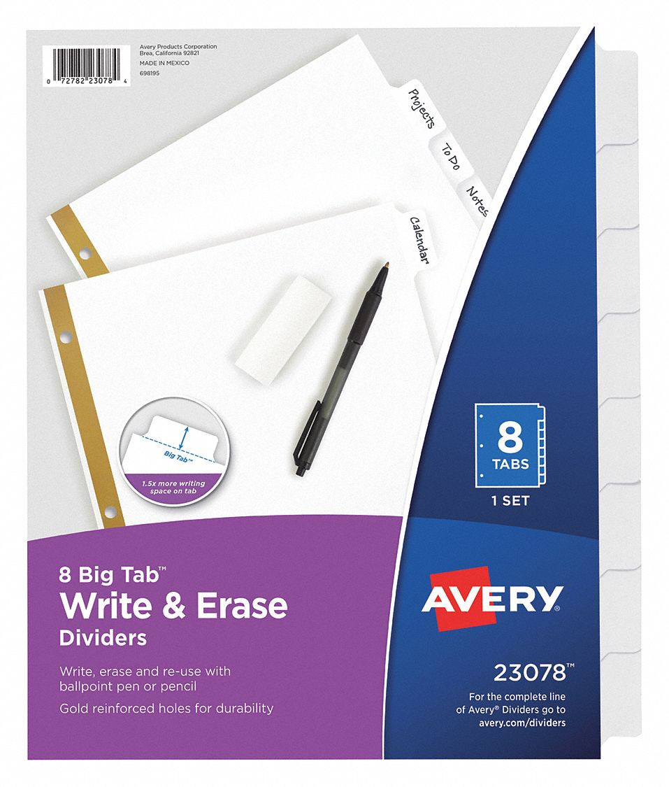 Index Tab Set, Write-On, 8 Tabs, White