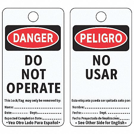Danger Bilingual Tag, 5-3/4 x 3 In, PK25