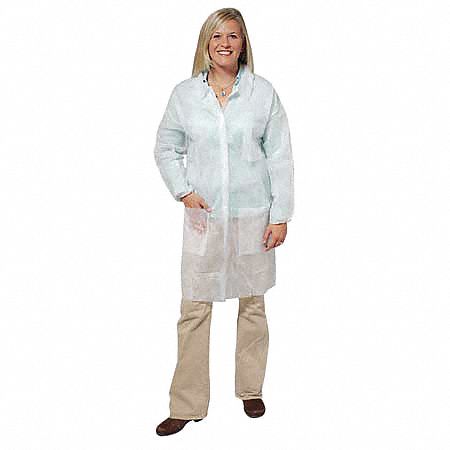 Disp. Lab Coat, L, Polypropylene, Wht, PK30