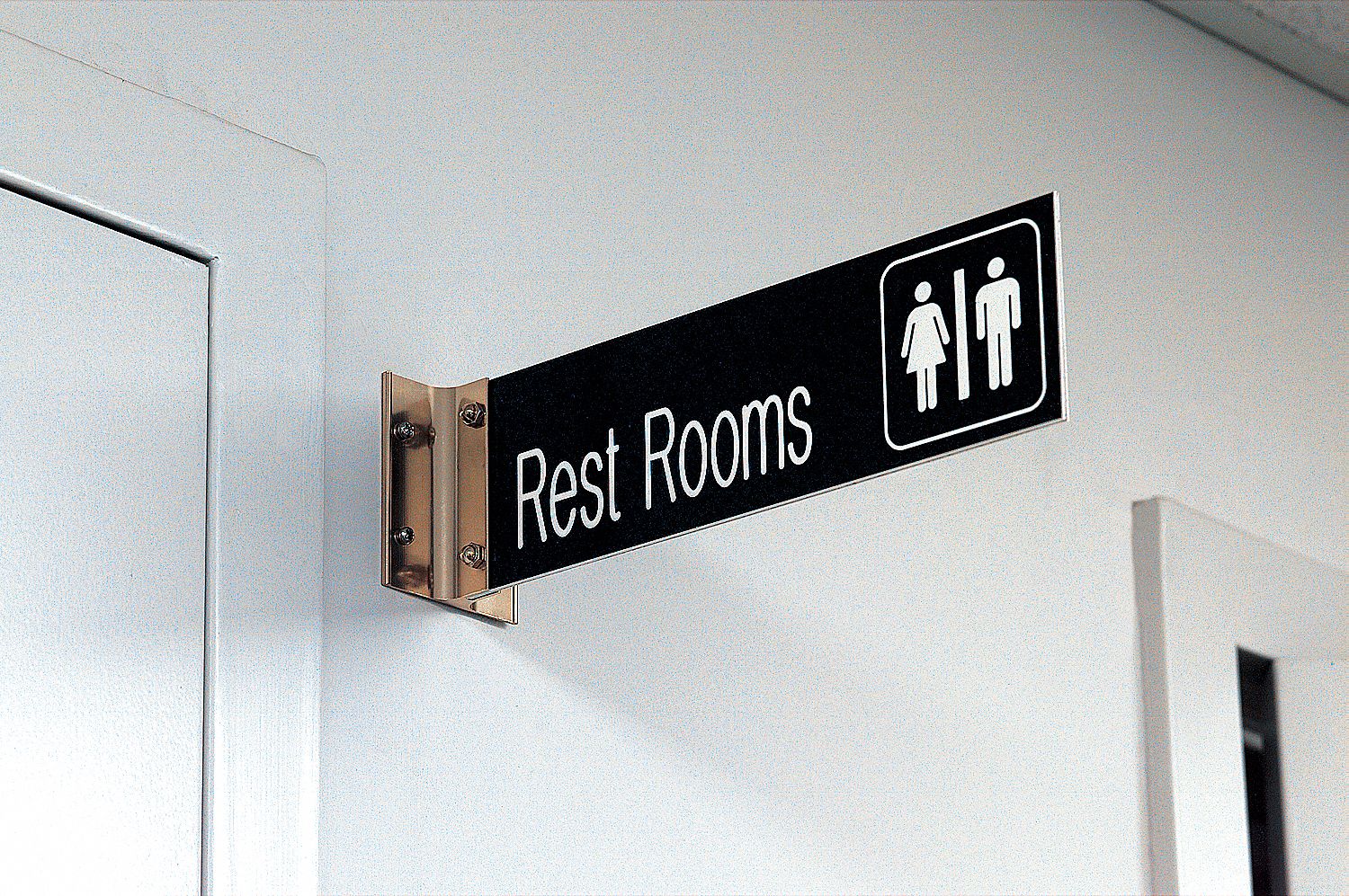 Restroom Sign, 3 x 10In, WHT/BR, PLSTC, ENG