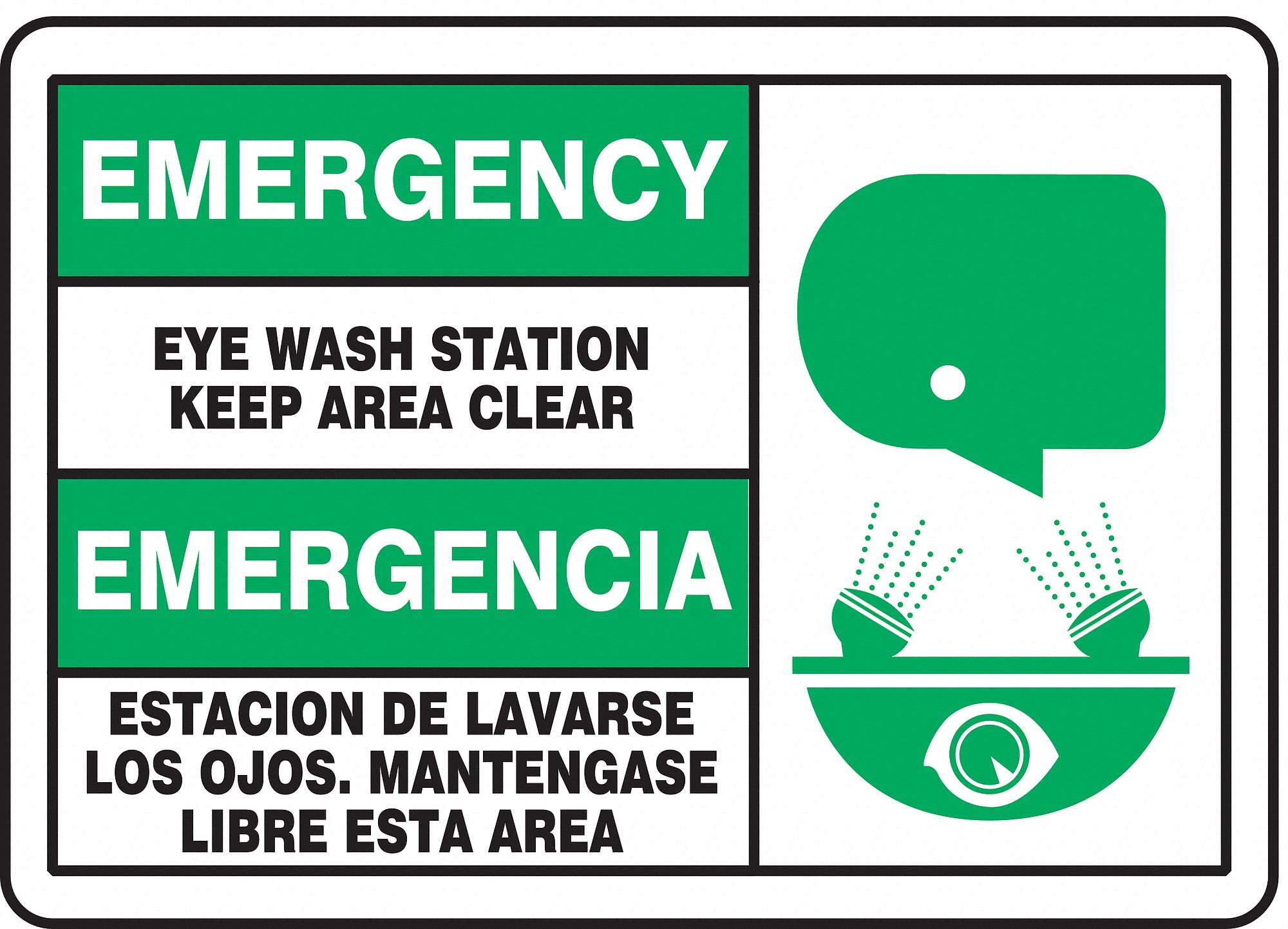 Eye Wash Sign, 7 x 10In, GRN and BK/WHT