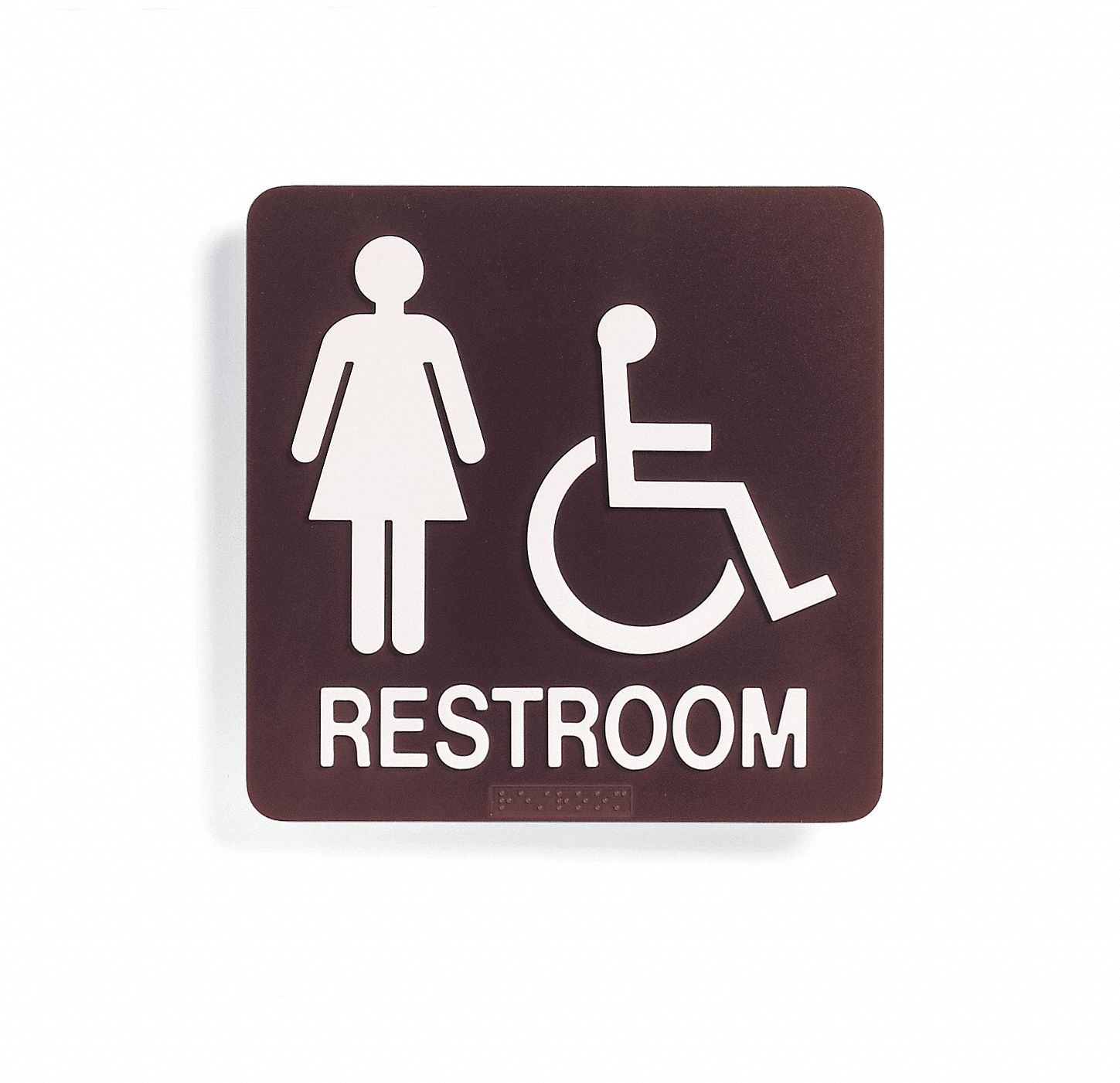 Restroom Sign, 8x8 In, White/Dark BR, PLSTC