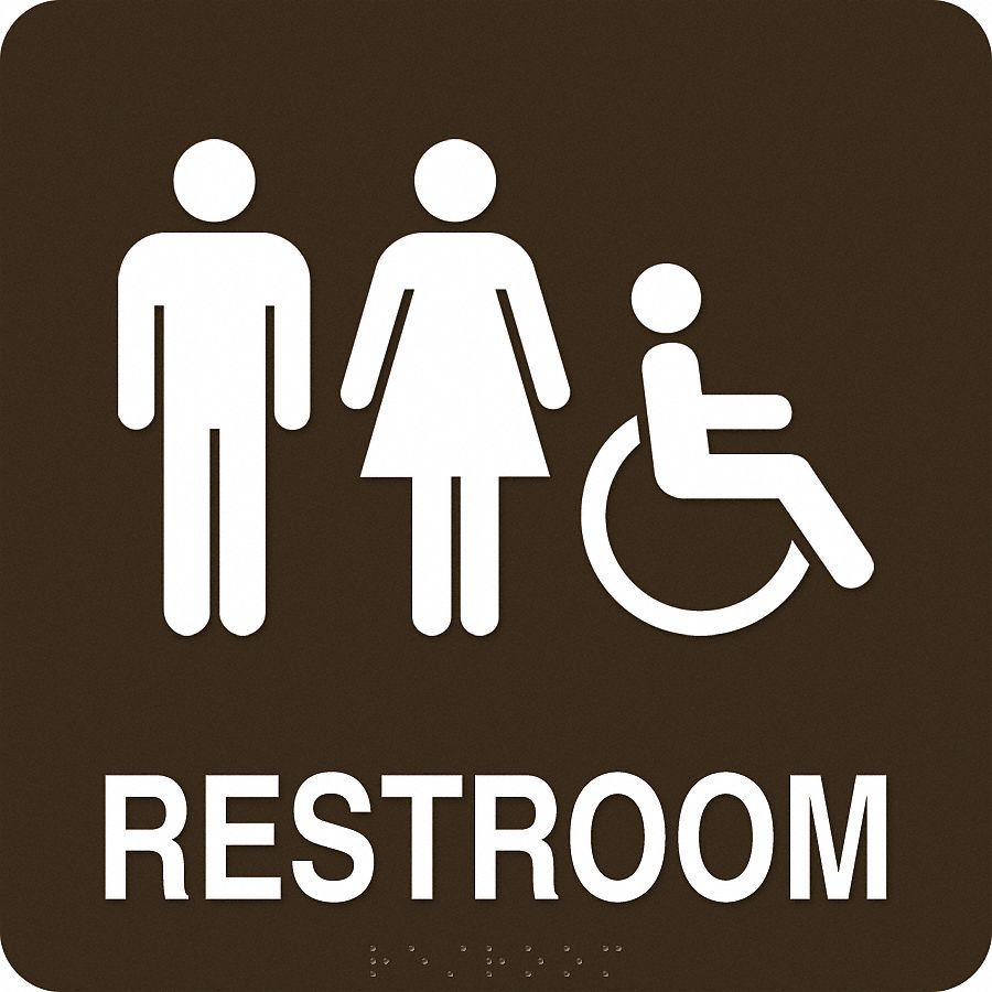 Restroom Sign, 8 x 8In, WHT/Dark BR, ENG